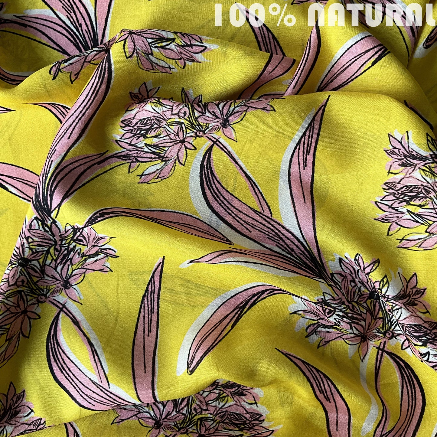 Yellow Vibrant  Floral Pattern Print, Viscose Modal Satin Fabric