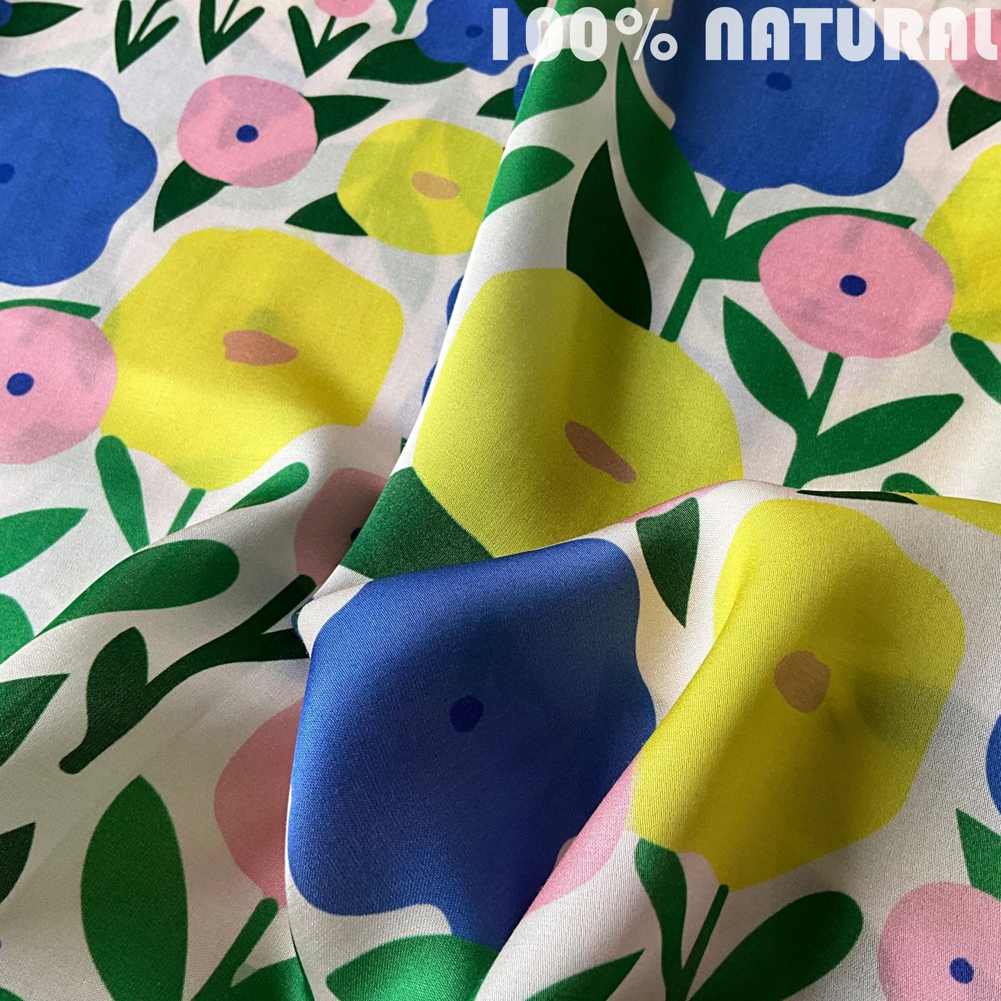 Yellow Blue Minimal Floral pattern, Viscose Modal Satin Fabric