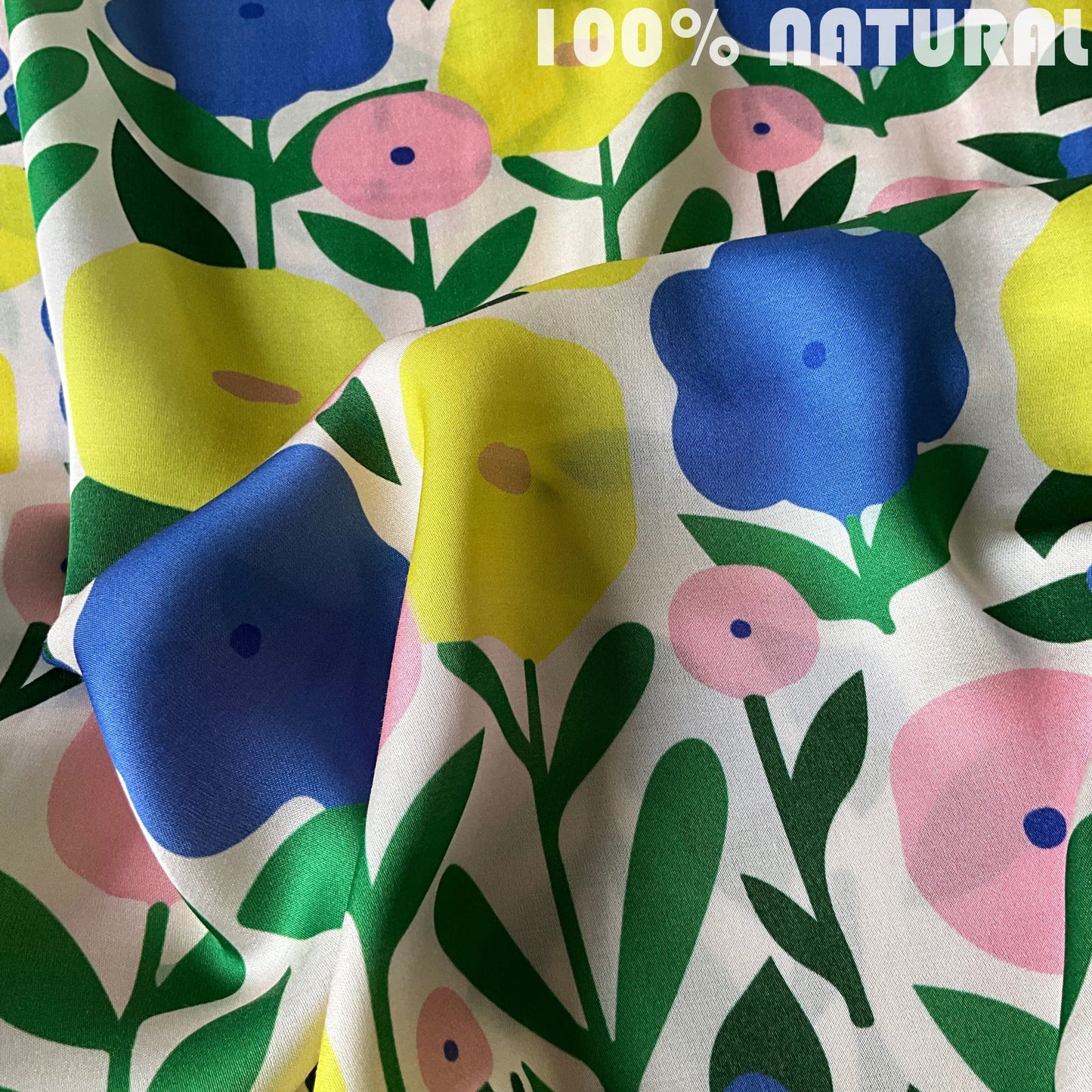 Yellow Blue Minimal Floral pattern, Viscose Modal Satin Fabric