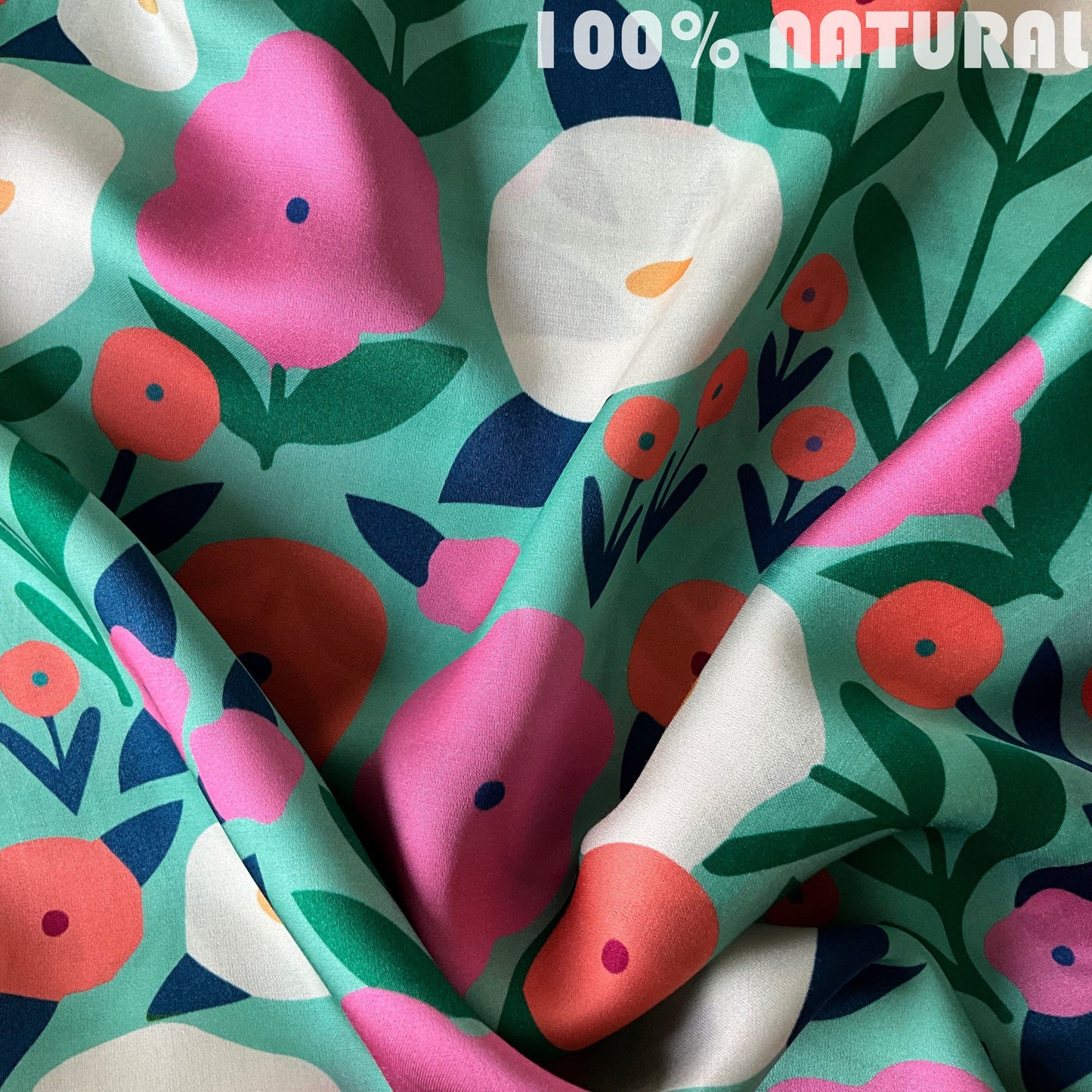 Pink Green Garden Bliss print, Viscose Modal satin fabric