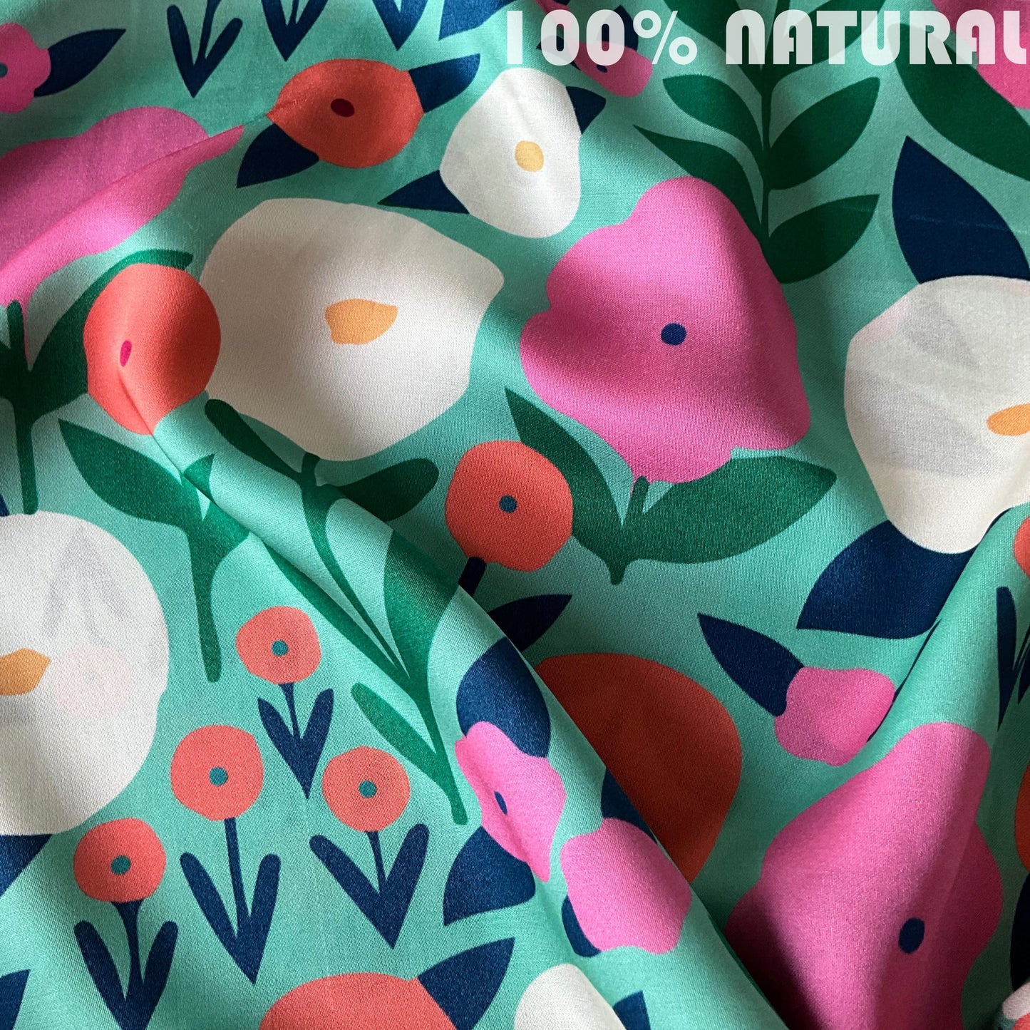 Pink Green Garden Bliss print, Viscose Modal satin fabric